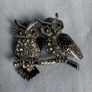 Rhinestone Owl Duo Brooch with Green Eyes